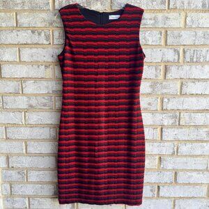 Calvin Klein Sleeveless Back Zip Red & Black Striped Shift Dress Women's Size 8